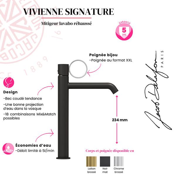 JACOB DELAFON - Mitigeur lavabo haut Vivienne chromé brossé avec bague laiton brossée - large