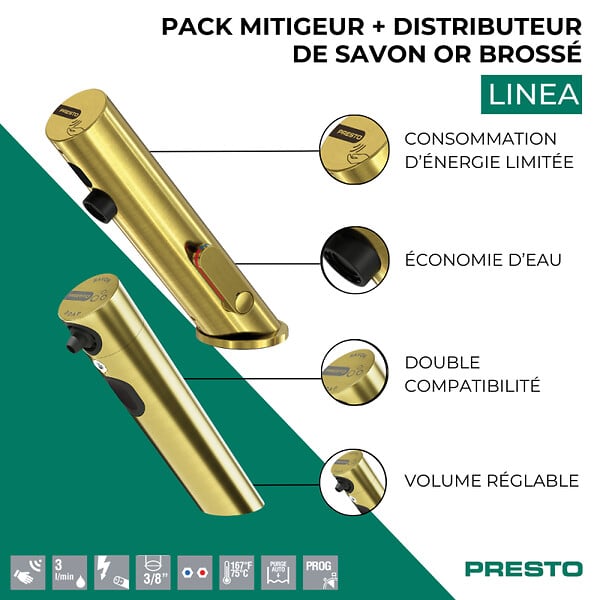 PRESTO - Pack mitigeur infrarouge avec robinet d'arrêt + Distributeur de savon infrarouge Linea Or brossé - large