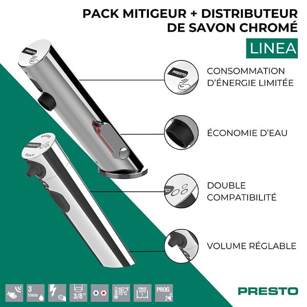 PRESTO - Pack mitigeur infrarouge avec robinet d'arrêt + Distributeur de savon infrarouge Linea Chromé - large