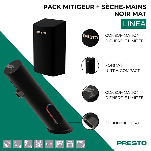 PRESTO - Pack mitigeur infrarouge avec robinet d'arrêt + Sèche-main Linea Noir mat - large