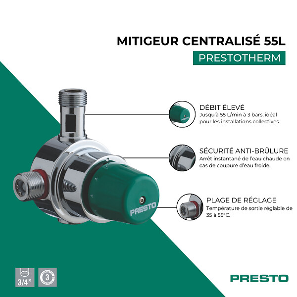 PRESTO - Mitigeur centralisé Prestotherm - 55l/min à 3 bar - Entrées et sorties G 3/4" - large