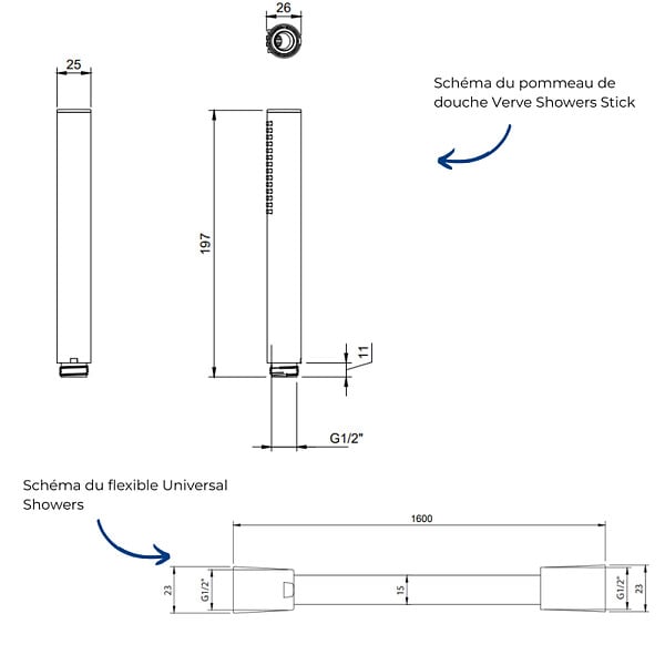 VILLEROY ET BOCH - Pommeau de douche Verve Showers Stick + Flexible de douche Universal Showers 160 cm Or brossé - large