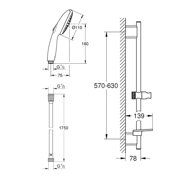 GROHE - Pack douchette 2 jets Vitalio Start 110 + Barre 60cm Quickfix Vitalio Smartactive + Flexible 175cm VitalioFlex chromé - large