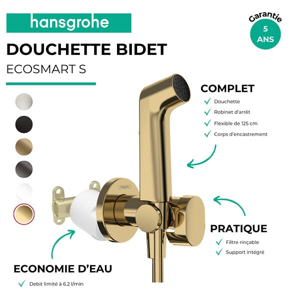 HANSGROHE - Douchette bidette EcoSmart S avec robinet d'arret et corps d'encastrement Aspect doré poli - large