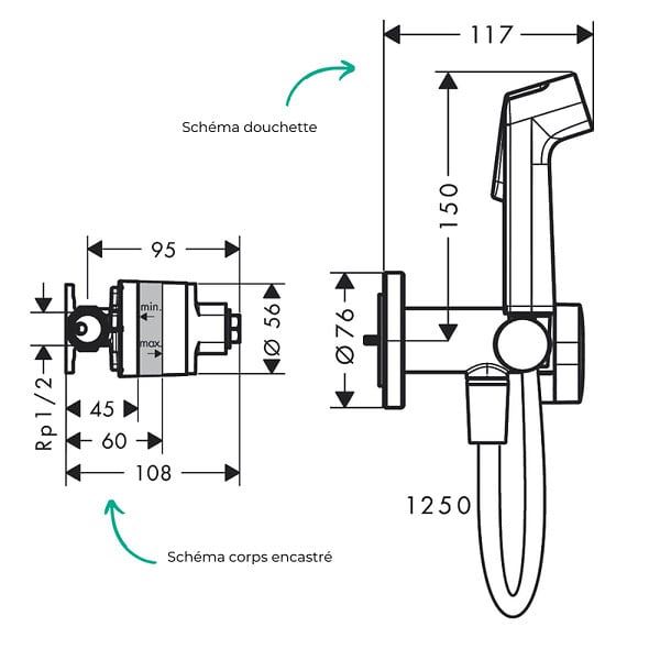 HANSGROHE - Douchette bidette EcoSmart S avec robinet d'arret et corps d'encastrement Bronze brossé - large