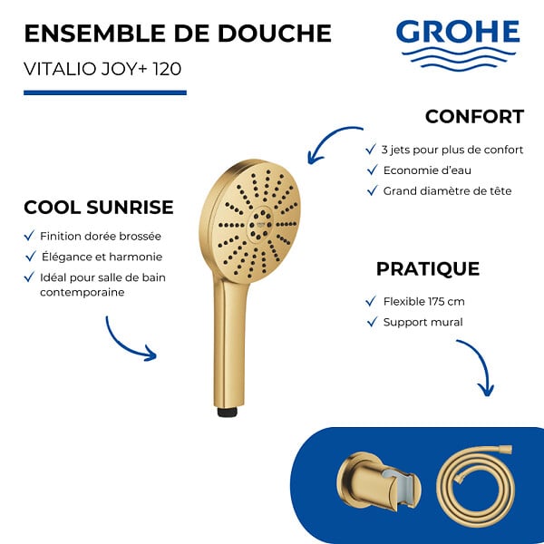 GROHE - Douchette Vitalio Joy+ 120 + Support mural + Flexible 175 cm Cool Sunrise - large