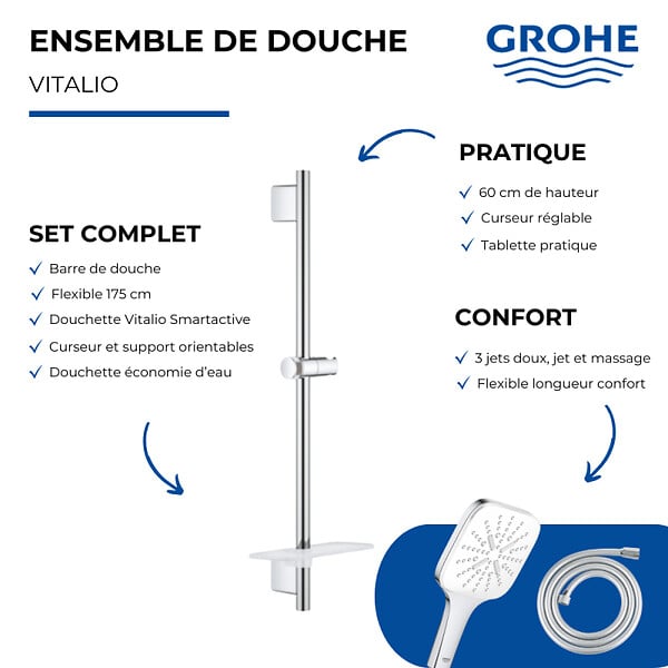 GROHE - Pack douchette 3 jets Vitalio Smartactive + Barre 60cm Quickfix Vitalio Smartactive + Flexible 175cm VitalioFlex chromé - large