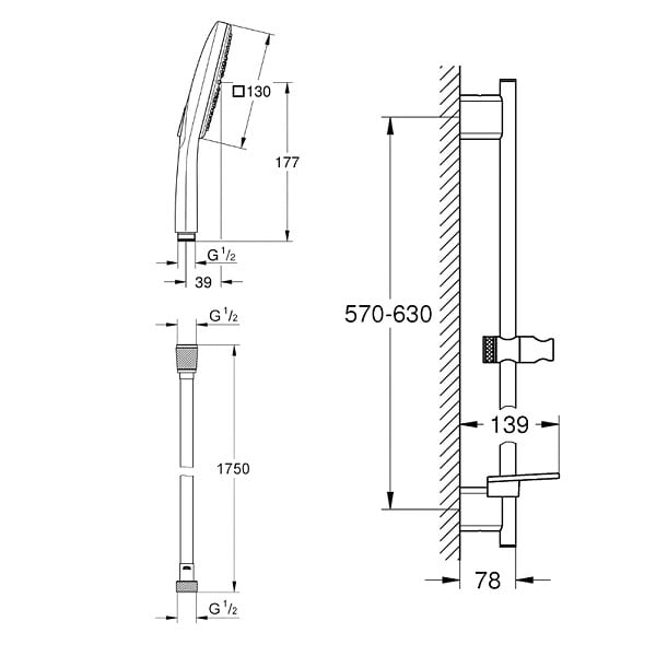 GROHE - Pack douchette 3 jets Vitalio Smartactive + Barre 60cm Quickfix Vitalio Smartactive + Flexible 175cm VitalioFlex chromé - large