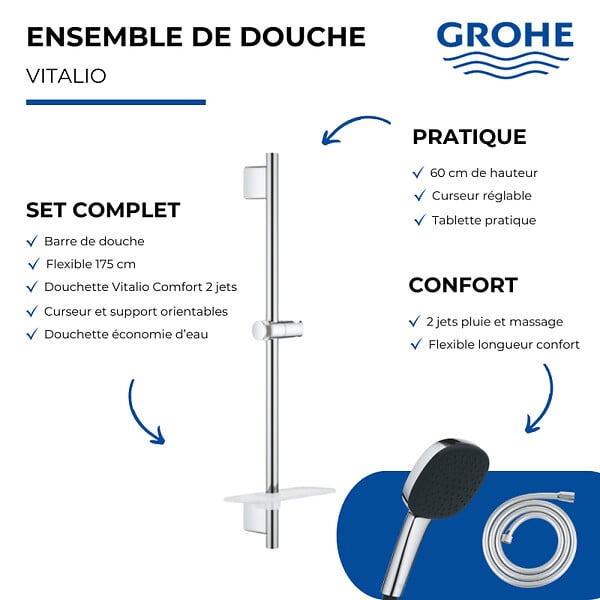 GROHE - Pack douchette 2 jets Vitalio Comfort 110 + Barre 60cm Quickfix Vitalio Smartactive + Flexible 175cm VitalioFlex chromé - large