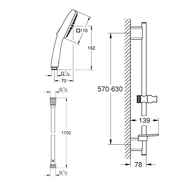 GROHE - Pack douchette 2 jets Vitalio Comfort 110 + Barre 60cm Quickfix Vitalio Smartactive + Flexible 175cm VitalioFlex chromé - large