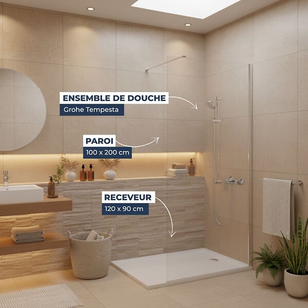 GROHE - Pack Douche Complet – Paroi Walk-In 100x200 Chrome + Colonne Grohe Tempesta 3 Jets + Receveur Marbre Coulé Blanc 120x90 - large