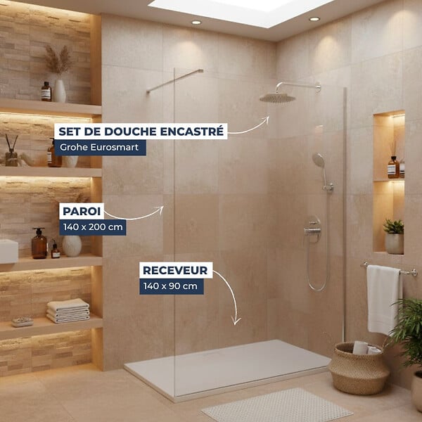 GROHE - Pack Douche Complet – Paroi Walk-In 140x200 Chrome + Colonne Grohe Eurosmart 2 Jets + Receveur Marbre Coulé Blanc 140x90 - large