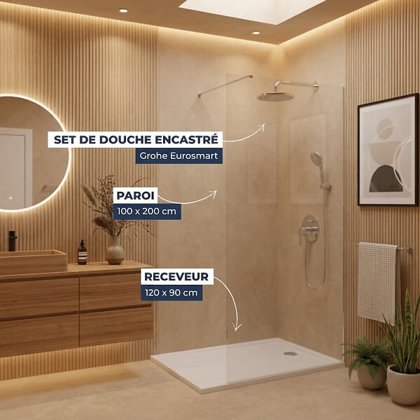 GROHE - Pack Douche Complet – Paroi Walk-In 100x200 Chrome + Colonne Grohe Eurosmart 2 Jets + Receveur Marbre Coulé Blanc 120x90 - large