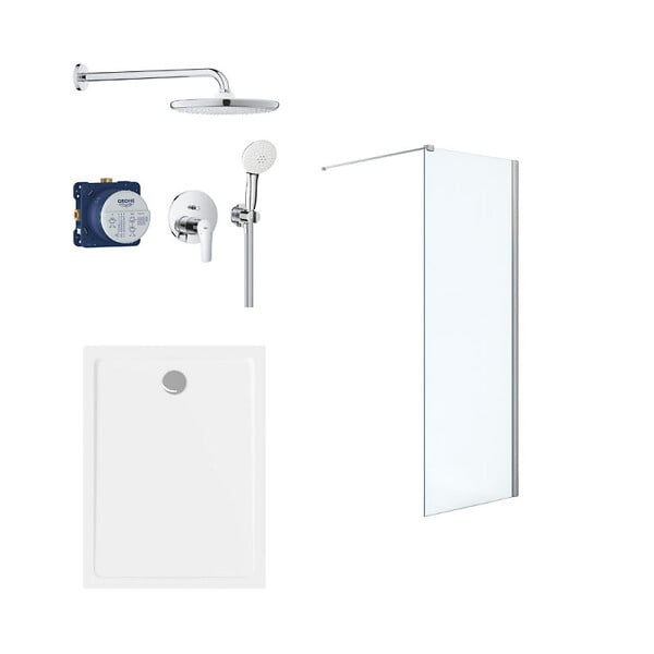 GROHE - Pack Douche Complet – Paroi Walk-In 100x200 Chrome + Colonne Grohe Eurosmart 2 Jets + Receveur Marbre Coulé Blanc 120x90 - large