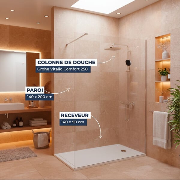 GROHE - Pack Douche Complet – Paroi Walk-In 140x200 Chrome + Colonne Grohe Vitalio 2 Jets + Receveur Marbre Coulé Blanc 140x90 - large