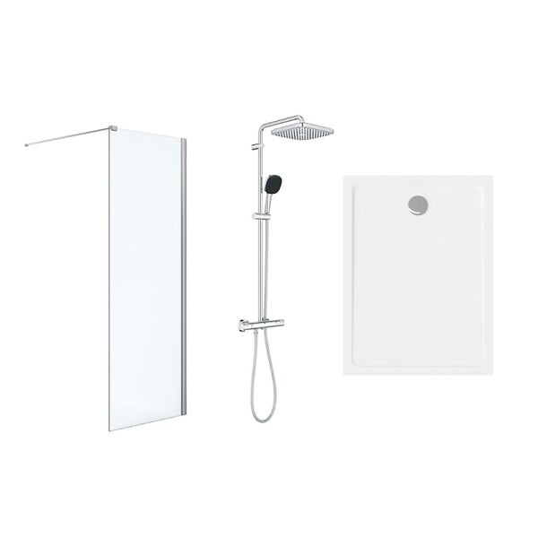 GROHE - Pack Douche Complet – Paroi Walk-In 140x200 Chrome + Colonne Grohe Vitalio 2 Jets + Receveur Marbre Coulé Blanc 140x90 - large