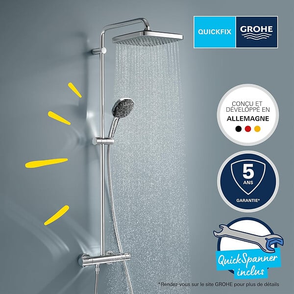 GROHE - Pack Douche Complet – Paroi Walk-In 100x200 Chrome + Colonne Grohe Vitalio 2 Jets + Receveur Marbre Coulé Blanc 120x90 - large