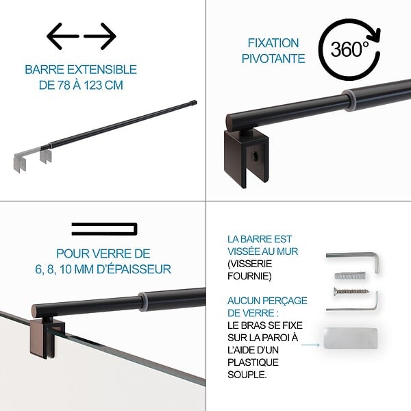 SANIVERRE - Paroi de douche Italienne ROMA-BLACK 170 x 200 cm verre 8 mm centre-opaque - large