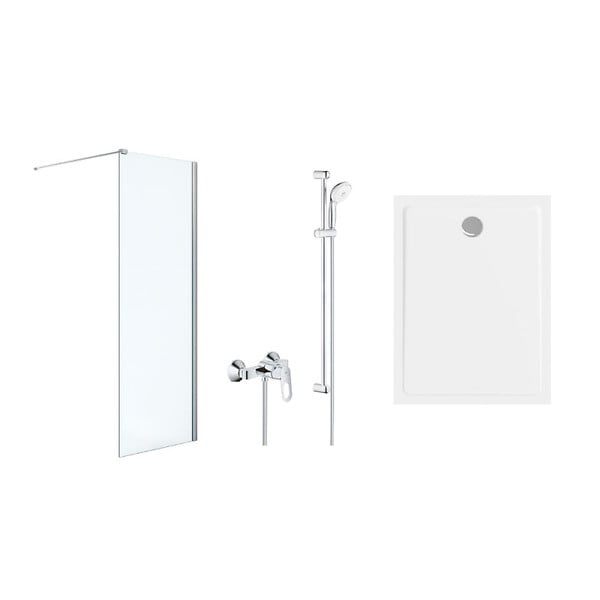 GROHE - Pack Douche Complet – Paroi Walk-In 140x200 Chrome + Colonne Grohe Tempesta 3 Jets + Receveur Marbre Coulé Blanc 140x90 - large