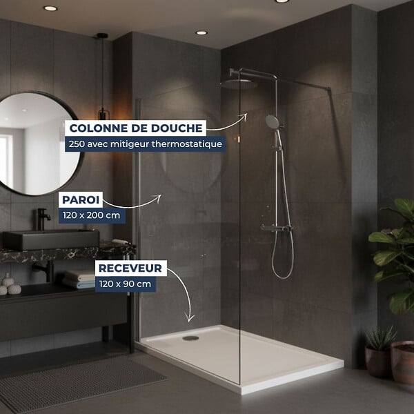 SWISS AQUA TECHNOLOGIES - Pack Douche Complet – Paroi Walk-In 120x200 Chrome + Colonne SAT 3 Jets + Receveur Marbre Coulé Blanc 120x90 (SAT120C7PR129W) - large