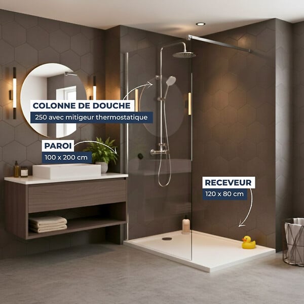 SWISS AQUA TECHNOLOGIES - Pack Douche Complet – Paroi Walk-In 100x200 Chrome + Colonne SAT 3 Jets + Receveur Marbre Coulé Blanc 120x80 (SAT100C7PR128W) - large