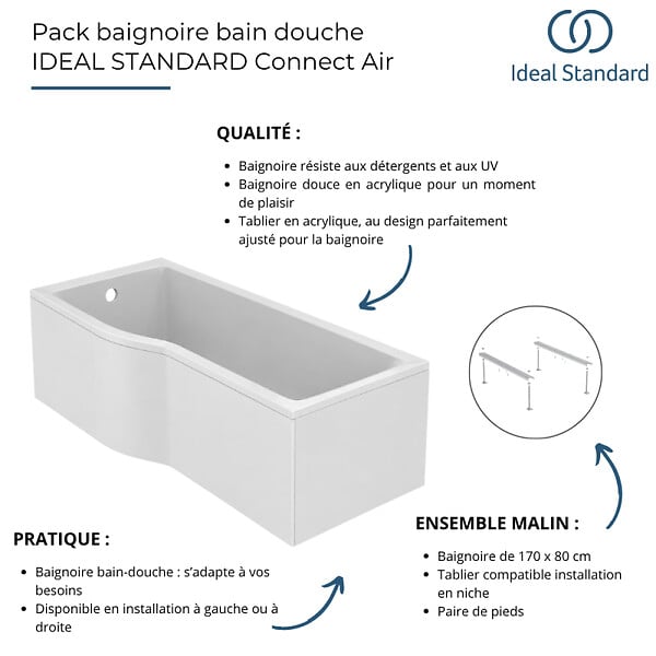 IDEAL STANDARD - Baignoire bain douche 170 x 80 cm droite Connect Air + tablier + pieds - large