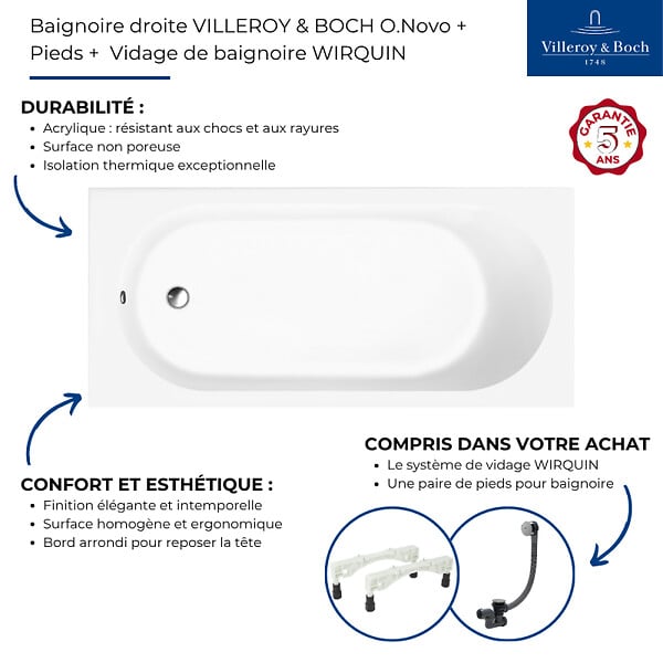 VILLEROY ET BOCH - Baignoire droite 160 x 70 O.Novo + Pieds + Vidage doré - large