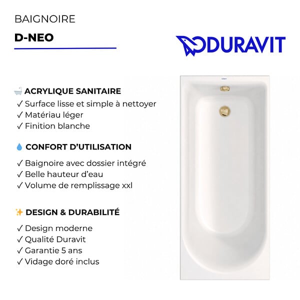 DURAVIT - Baignoire droite 170 X 70 D-Neo + vidage doré - large
