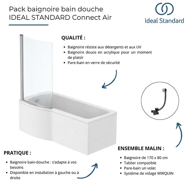 IDEAL STANDARD - Pack baignoire bain douche 170 x 80 cm gauche Connect Air + tablier + pare bain fixe + vidage Doré - large