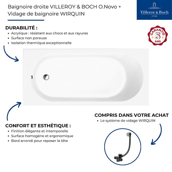 VILLEROY ET BOCH - Baignoire droite 160 x 70  O.Novo + Vidage de baignoire chromé - large