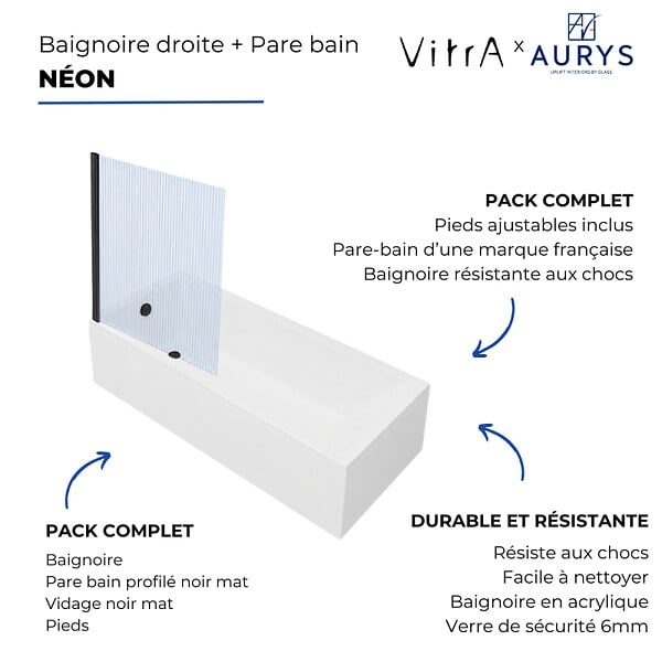 VITRA - Baignoire rectangulaire VitrA Neon 170x75cm + Pare bain gauche AURYS Raywall noir mat profilé gauche + vidage noir mat - large