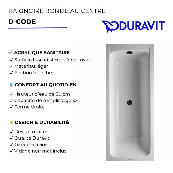DURAVIT - Baignoire droite 180 X 80 D-Code acrylique bonde au centre + vidage noir mat - large