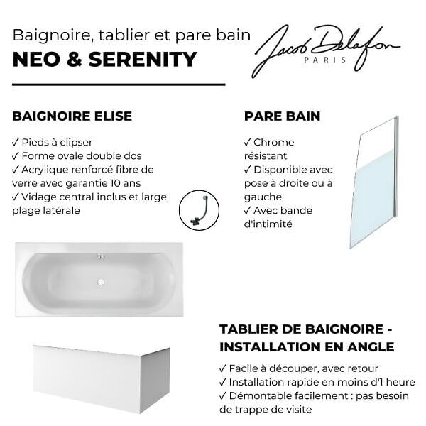 JACOB DELAFON - Baignoire droite 170 X 75 Elise acrylique + pare bain volet droite + tablier en angle + vidage - large
