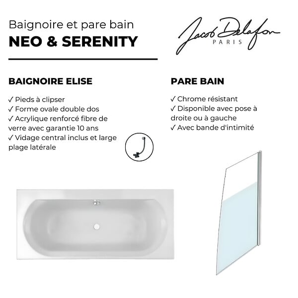 JACOB DELAFON - Baignoire droite 180 X 80 Elise acrylique + pare bain volet droite + vidage - large