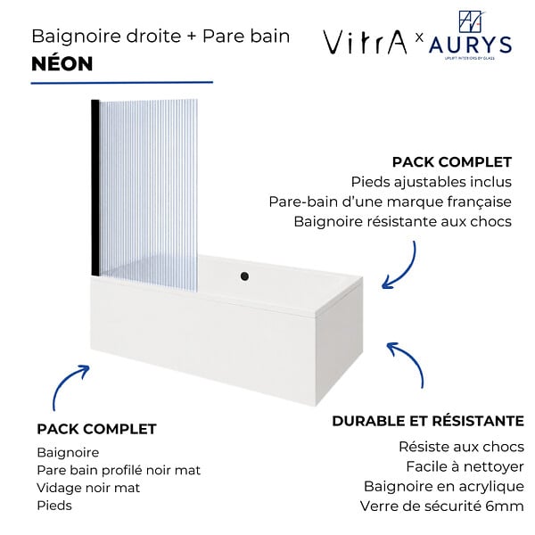 VITRA - Baignoire rectangulaire VitrA Neon 180x80cm + Pare bain gauche AURYS Raywall noir mat profilé gauche + vidage noir mat - large