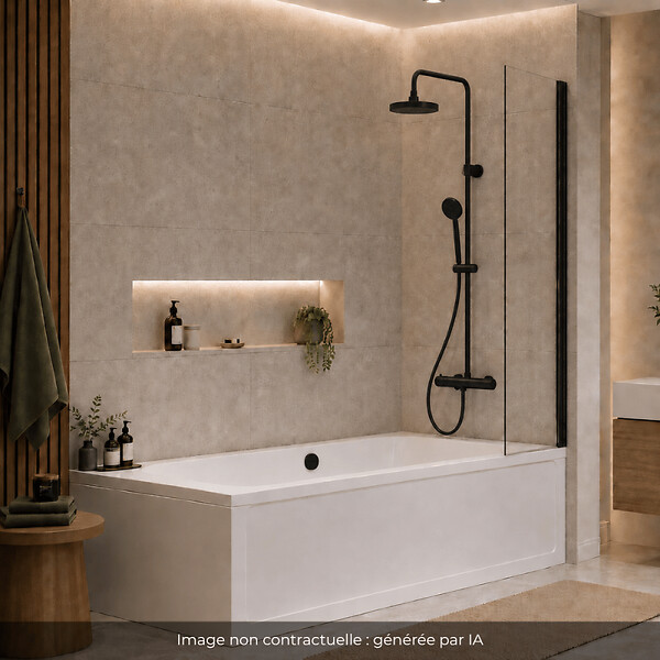 VITRA - Baignoire droite 180x80cm avec pieds Neon blanc + Vidage noir  + Colonne bain thermostatique douche noir mat - large