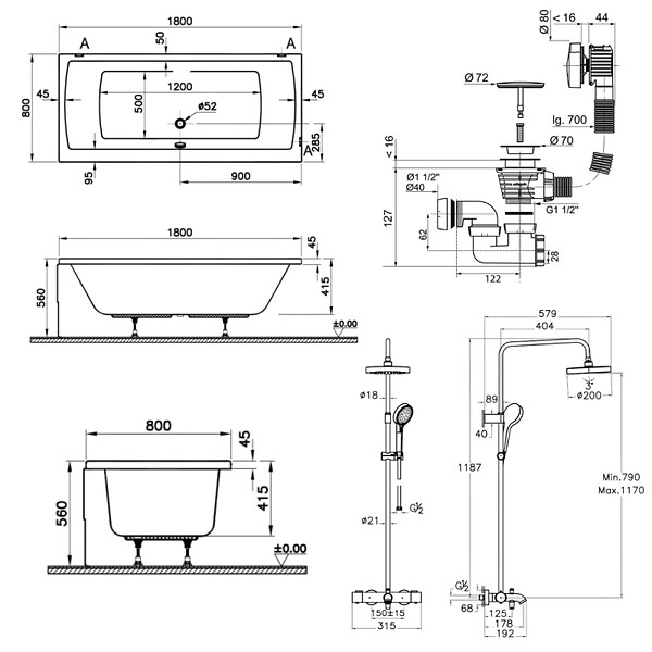 VITRA - Baignoire droite 180x80cm avec pieds Neon blanc + Vidage noir  + Colonne bain thermostatique douche noir mat - large