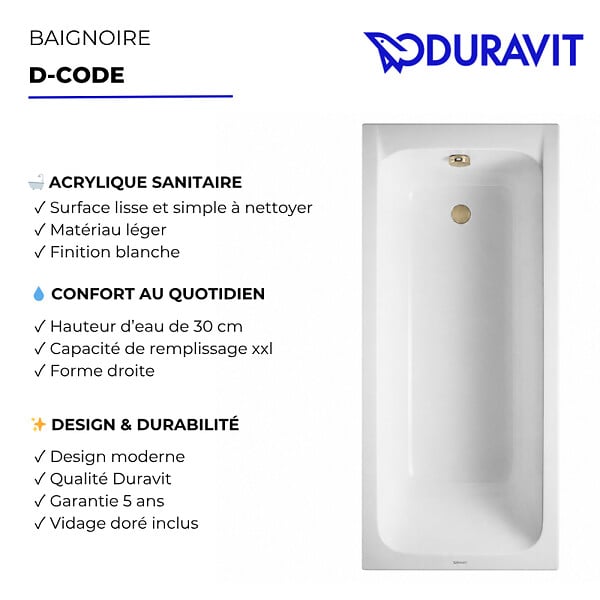 DURAVIT - Baignoire droite 150 X 75 D-Code acrylique + vidage doré - large