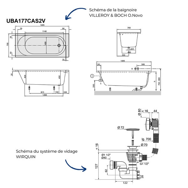 VILLEROY ET BOCH - Baignoire droite 170 x 70 O.Novo + Pieds + Vidage chromé - large