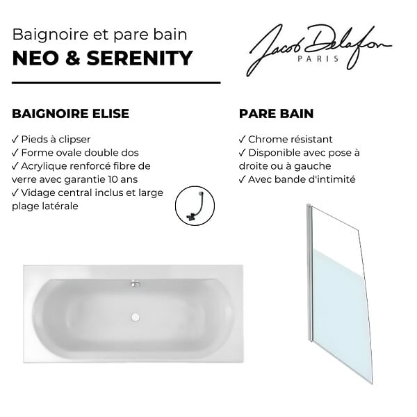 JACOB DELAFON - Baignoire droite 180 X 80 Elise acrylique + pare bain volet gauche + vidage - large