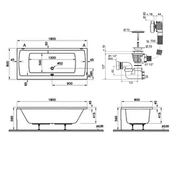 VITRA - Baignoire droite rectangulaire 170x75cm avec pieds Neon blanc + Vidage volet et clapet Doré - large