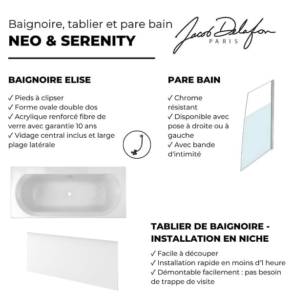 JACOB DELAFON - Baignoire droite 180 X 80 Elise acrylique + pare bain volet droite + tablier en niche + vidage - large