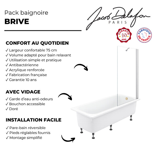 JACOB DELAFON - Pack baignoire droite 170 X 75 Brive + pare bain avec vidage doré - large