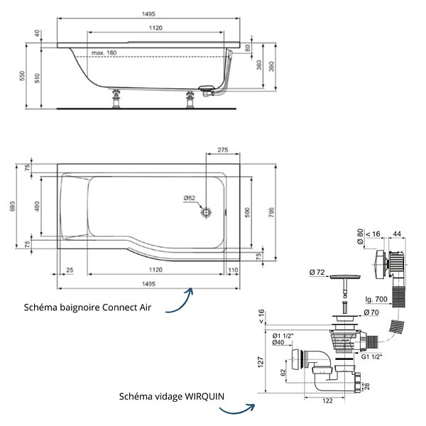 IDEAL STANDARD - Baignoire bain douche 150 x 80 cm droite Connect Air + vidage Noir mat - large