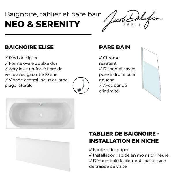 JACOB DELAFON - Baignoire droite 170 X 75 Elise acrylique + pare bain volet gauche + tablier en niche + vidage - large
