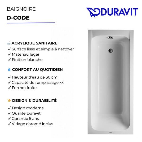 DURAVIT - Baignoire droite 150 X 75 D-Code acrylique + vidage chromé - large