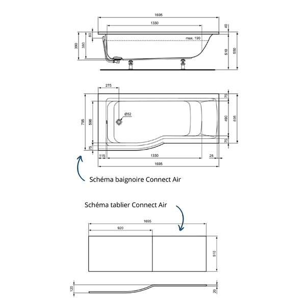 IDEAL STANDARD - Baignoire bain douche 170 x 80 cm gauche Connect Air + tablier - large