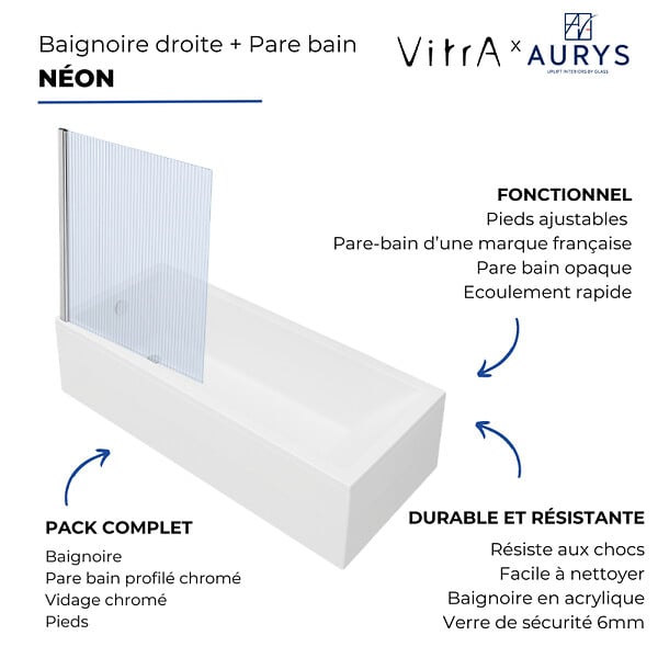 VITRA - Baignoire rectangulaire VitrA Neon 170x75cm + Pare bain gauche AURYS Raywall chromé profilé gauche + vidage chromé - large