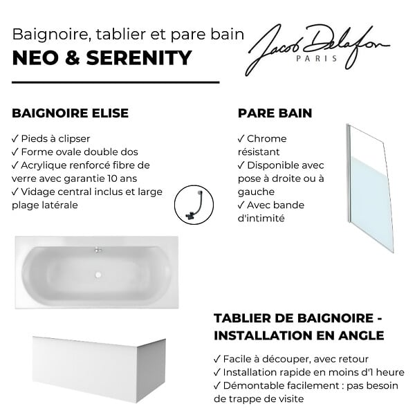 JACOB DELAFON - Baignoire droite 180 X 80 Elise acrylique + pare bain volet gauche + tablier en angle + vidage - large