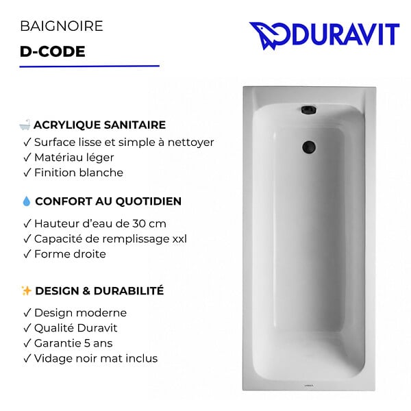 DURAVIT - Baignoire droite D-Code - large